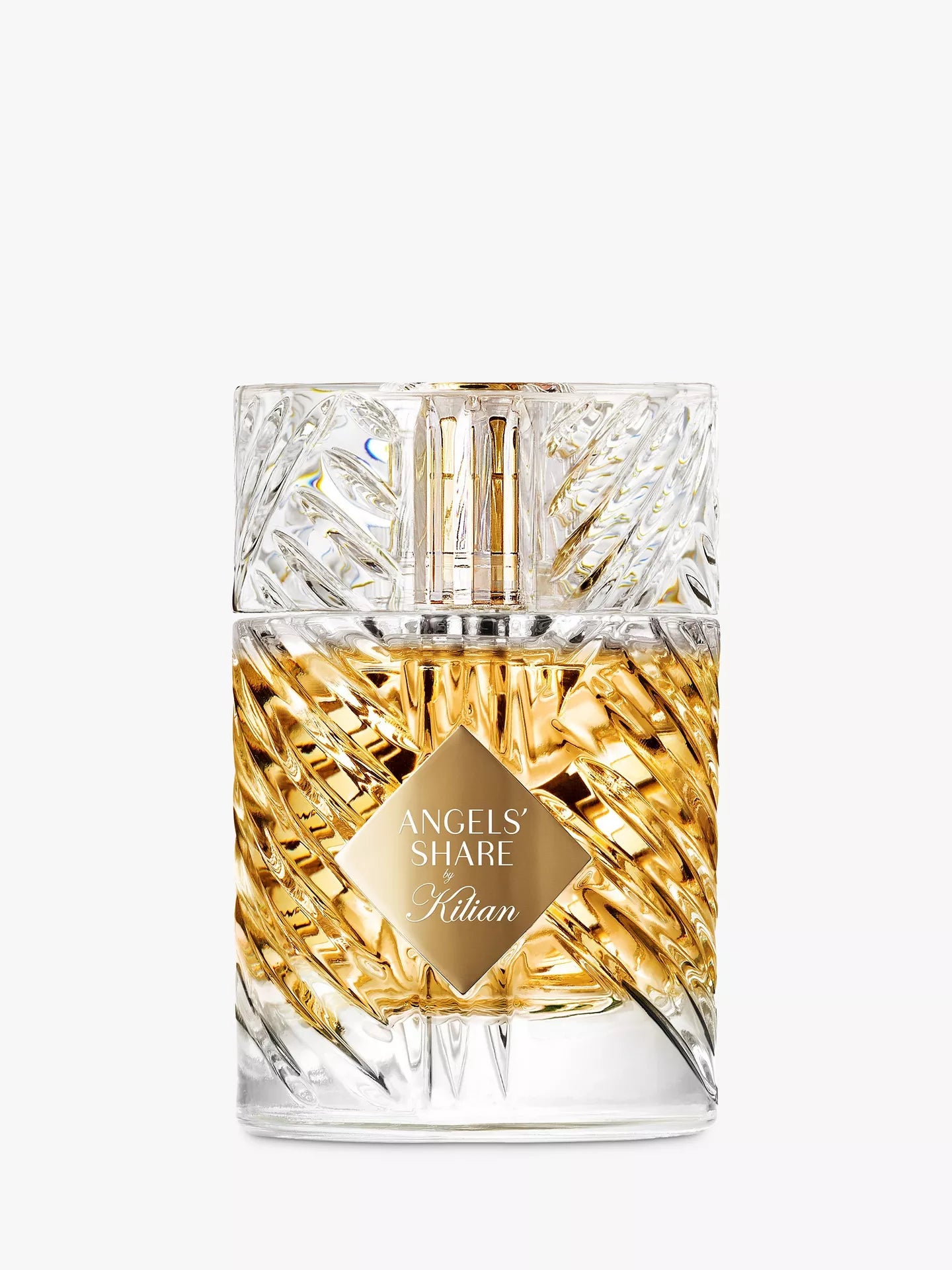 Perfume bottle with gold liquid and clear crystal design on a white background