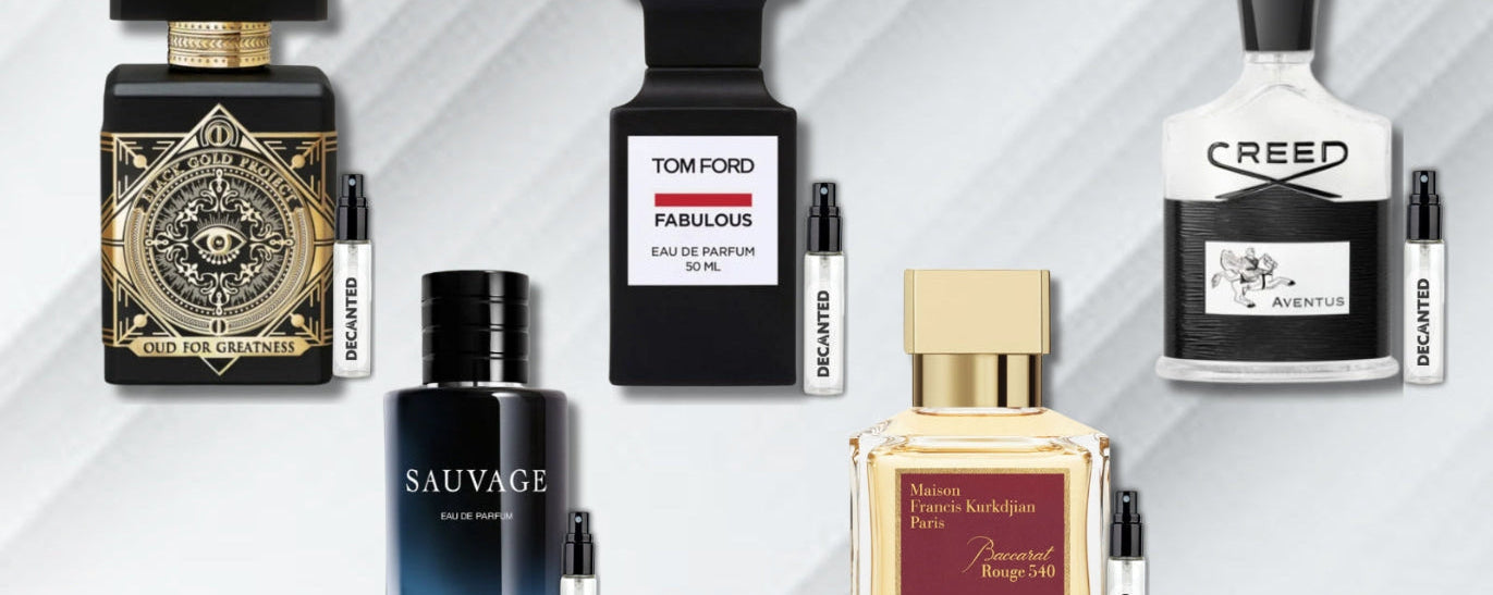 Collection of high-end men's fragrances on a gray background