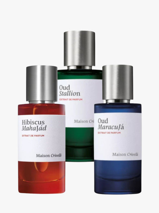 three Maison Crivelli bottles on a white background